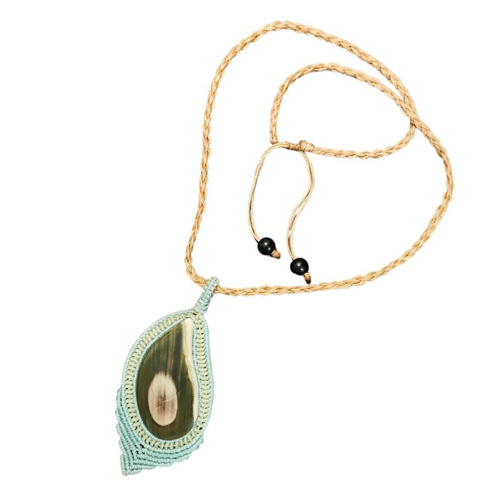 Macrame Mexican Agate Necklace Handmade Brown Black Cream Stone Light Green